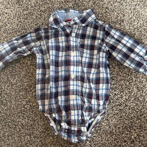 Carter's Baby Boy Blue Plaid Baby Bodysuit Button Down Size 6 Mo 100% Cotton